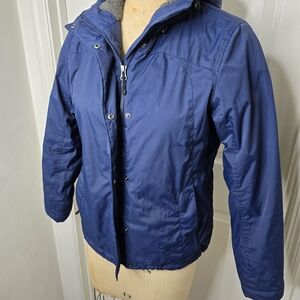 Navy L.L.Bean Womens Jacket Grey Sherpa Lined Hood Pockets XS‎ Petite